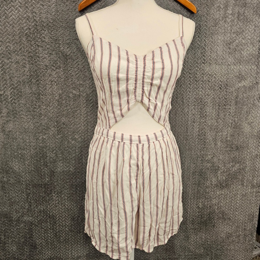 Hollister Womens Striped Cutout Romper Cream Red Blue Smocked Back Size M